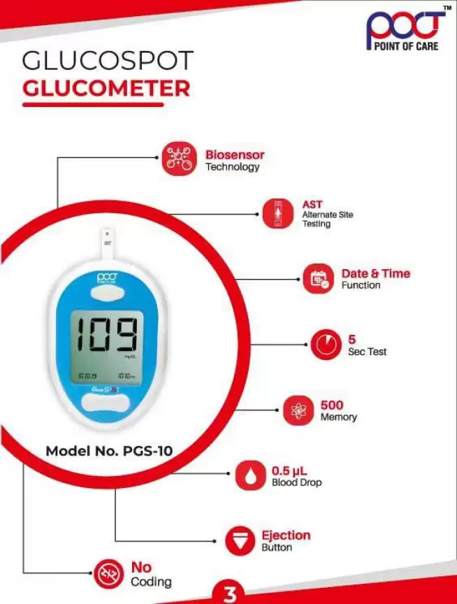 Point of Care Gluco Spot Digital Glucometer with 25 Test Strips