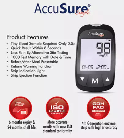 AccuSure Instant Digital Simple Glucometer Kit |with 25 Strips,10 Lancet